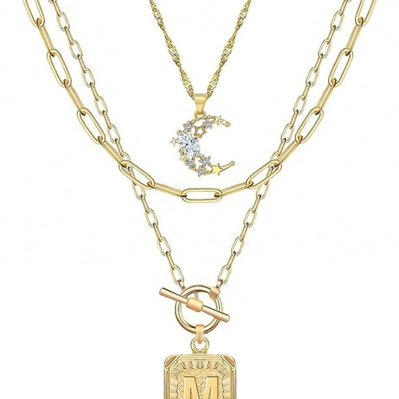 Jewelry - Layered Initial Necklaces Women 14K Gold Plated Brass Moon Square Pendants